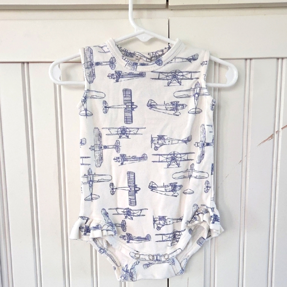 Kate Quinn Baby Girl White Baby Romper with Blue Airplane Print 6-12 Months
